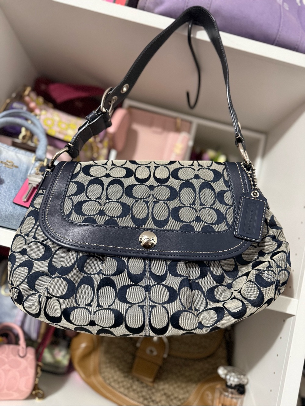 Coach Navy and Beige Signature Canvas Shoulder Bag